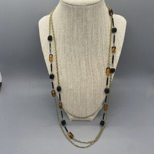 Vintage Gold‎ Tone Necklace Brown Black Glass Beads 56”